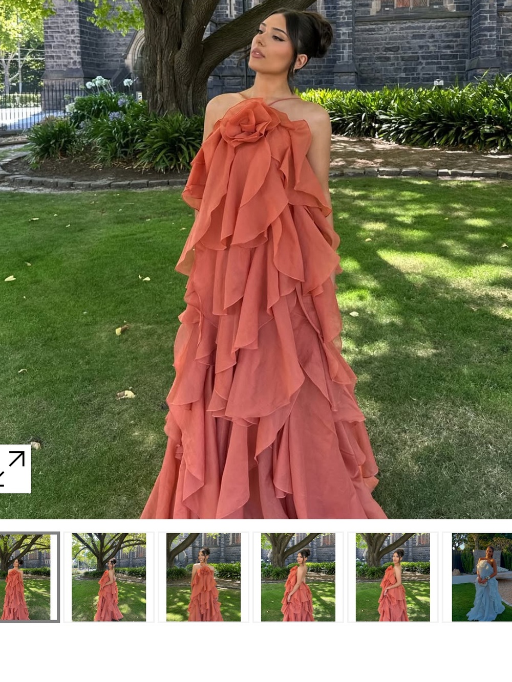 Rosette-Tiered Rust Maxi Dress with Cascade Ruffles